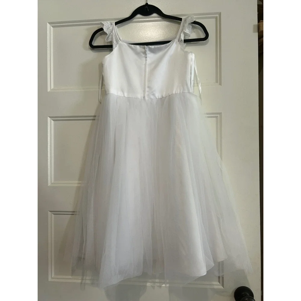 David's Bridal Tulle Dress Girls White Lace Sleeve Flower Girl 8